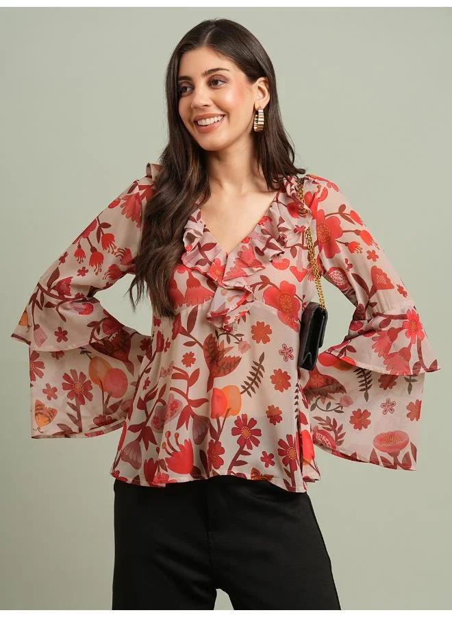 globus Globus Women Red V-Neck Bell Sleeves Floral Print Ruffle Detail Georgette Peplum Top